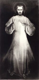 Premier tableau du Christ Miséricordieux peint en 1934 par Eugène Kazimiroswkien présence de sainte Faustine et avec ses indications